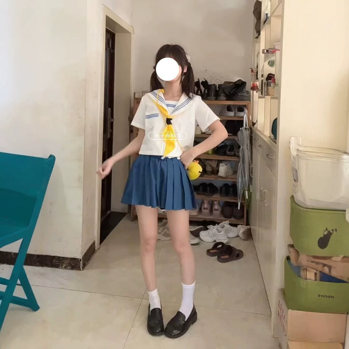 JK制服穿搭夏季正统海军领三本水手服搭配海蓝百褶裙萌系一整套女