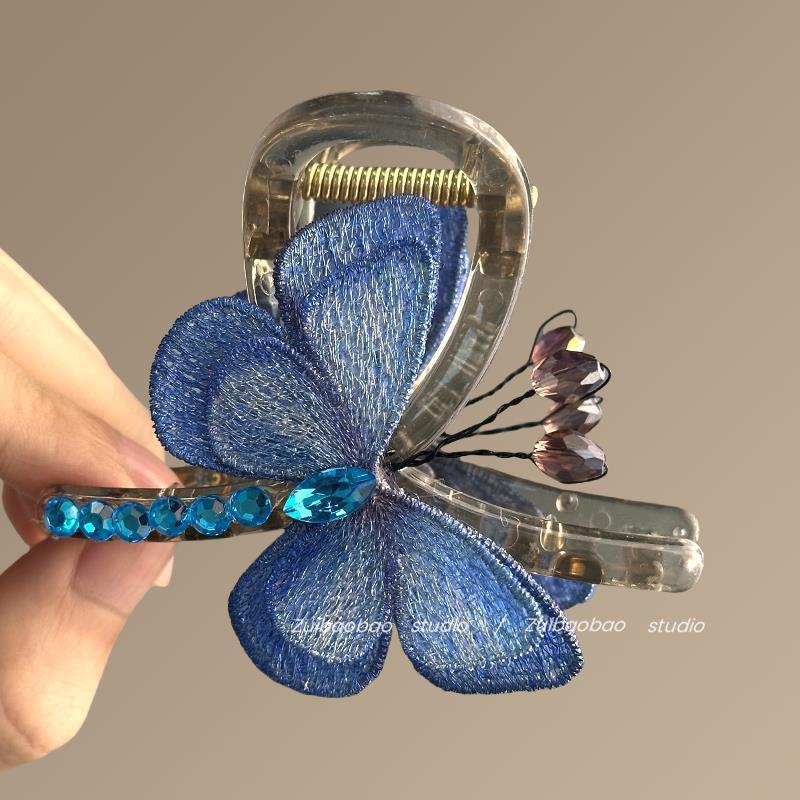 春の蝶の気質レトロスタイル刺繍蝶クリップ後頭部半分結びシャーククリップヘアアクセサリー旅行ヘアピン|undefined