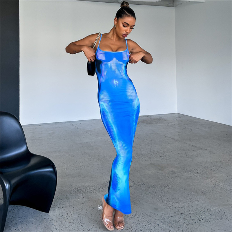 Streetwear Color Block Boat Neck Sleeveless Printing Backless Spandex Polyester Maxi Long Dress Pencil Skirt display picture 1