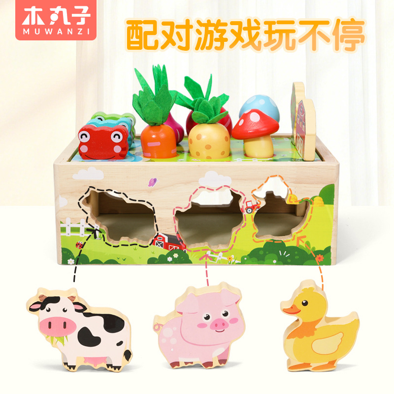 Transfronterizos niños felices granja animal carruaje sacar rabanos agarra insectos juguetes forma cognición emparejamiento de frutas y verduras carro vendedor