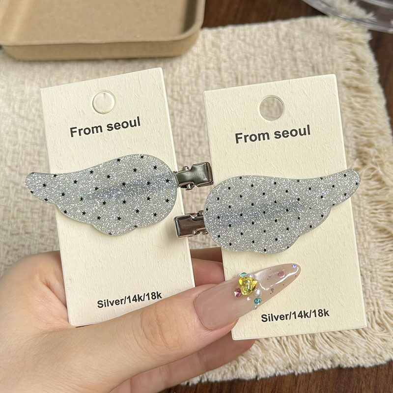 Y2K hot girl silver glitter wings hair clip with black star polka dot design, stylish side clip, sweet girl bangs clip Y2K hot girl silver glitter wings hair clip with black star polka dot design, stylish side clip, sweet girl bangs clip