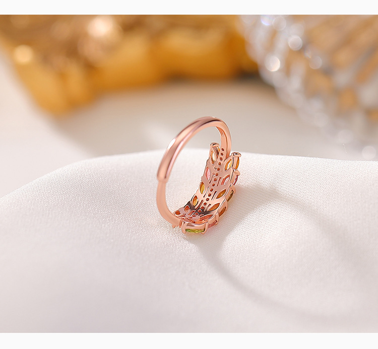 Nhẫn bạc S925 mạ vàng hồng đính đá tourmaline lông vũ mở điều chỉnh — bạc 925 chi tiết 3