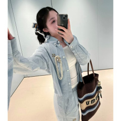 25南油M家秋季新款浅色清新水洗毛边宽松条纹长袖短衬衫女 xy4911