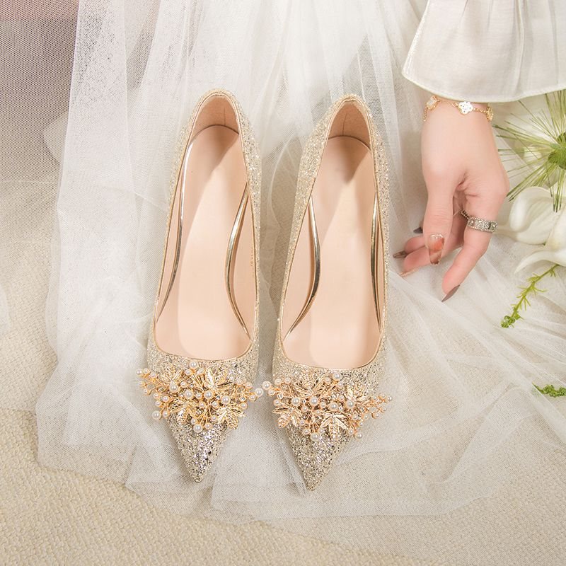 Main Wedding Shoes, Xiuhe Wedding Dress, Dual-Wear Bridal Shoes, Comfortable for the Feet, Champagne Gold Crystal High Heels, New Style Women's Wedding Shoes