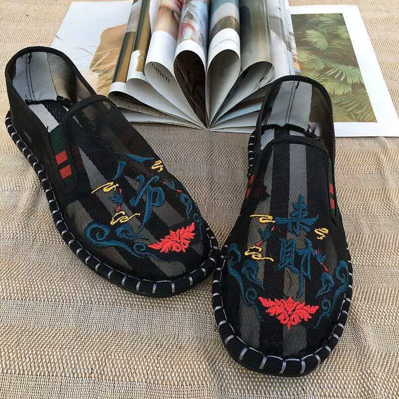 Тканевые туфли ручной работы для светских львиц: туфли с полой сеткой, туфли с кондиционером, ленивый стиль, сетчатые сандалии с вышитой маской для лица.