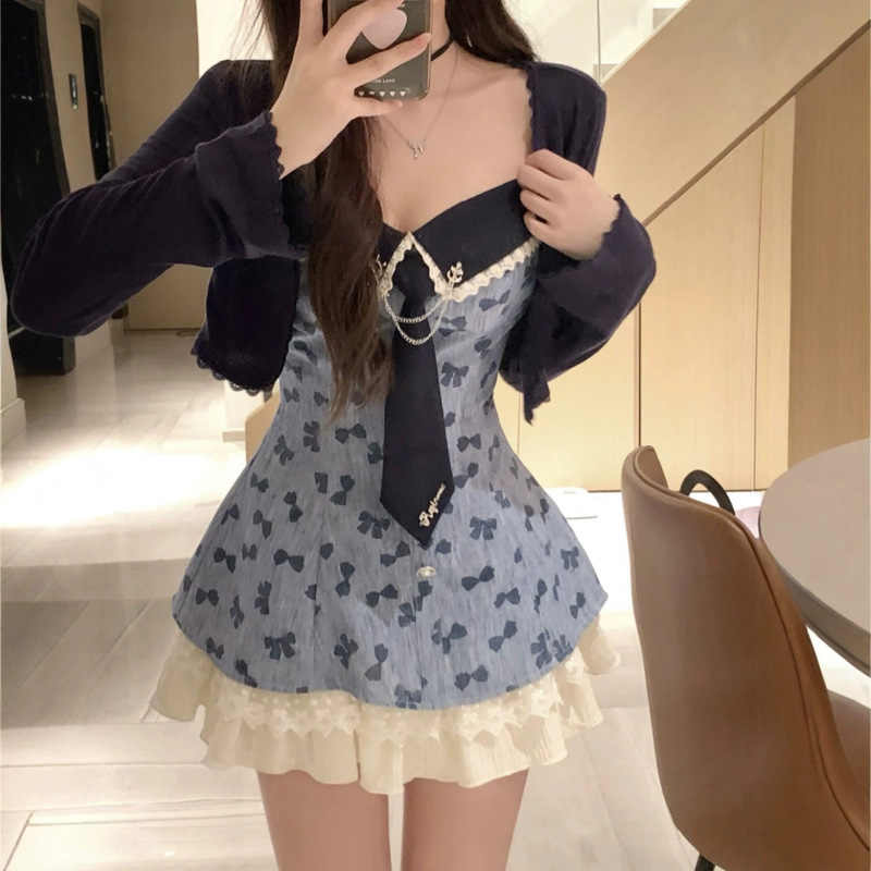 Purely Sweet and Alluring Short Dress for Summer, Waist-Cinching and Slimming Design, Color-Blocking Lace Patchwork, Printed Spaghetti Strap Dress for Women