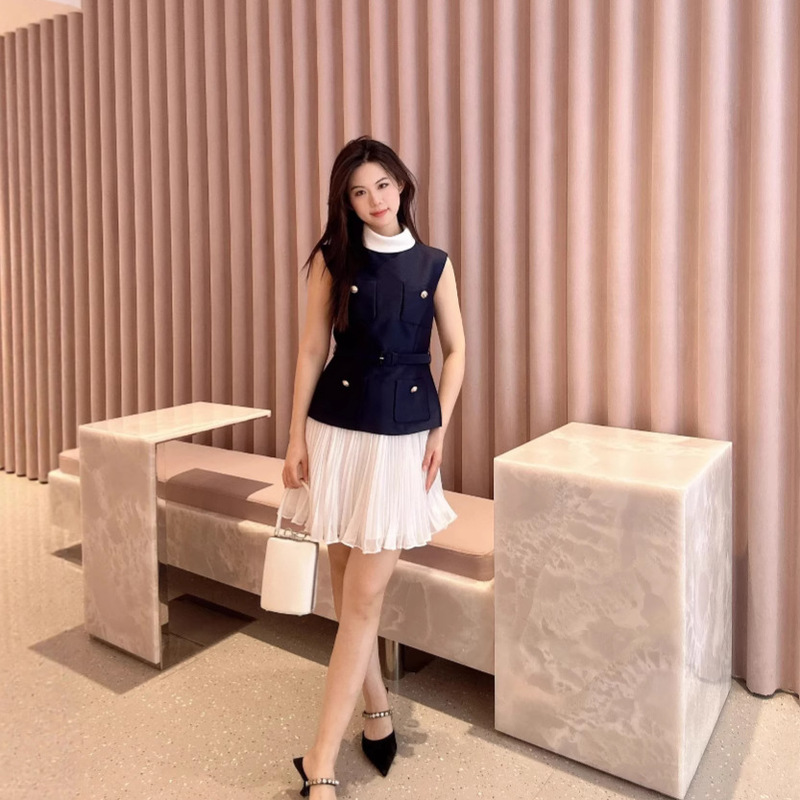 New Women's Clothing with Contrasting Colors and High-End Fake Two-Piece Sleeveless Small Stand-Up Collar Dress Pleated Chiffon Short Skirt
