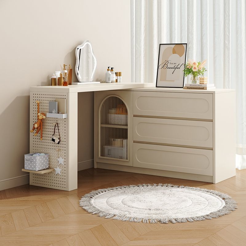 French-Style Romantic Cream-Colored Dressing Table and Dresser for Small Apartments, Bedroom End-Of-Bed Makeup Table with Integrated Storage Cabinet
