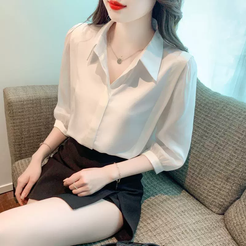 Летняя белая женская шифоновая рубашка, профессиональная женская одежда 2025, новая рубашка с рукавом три четверти и воротником средней длины