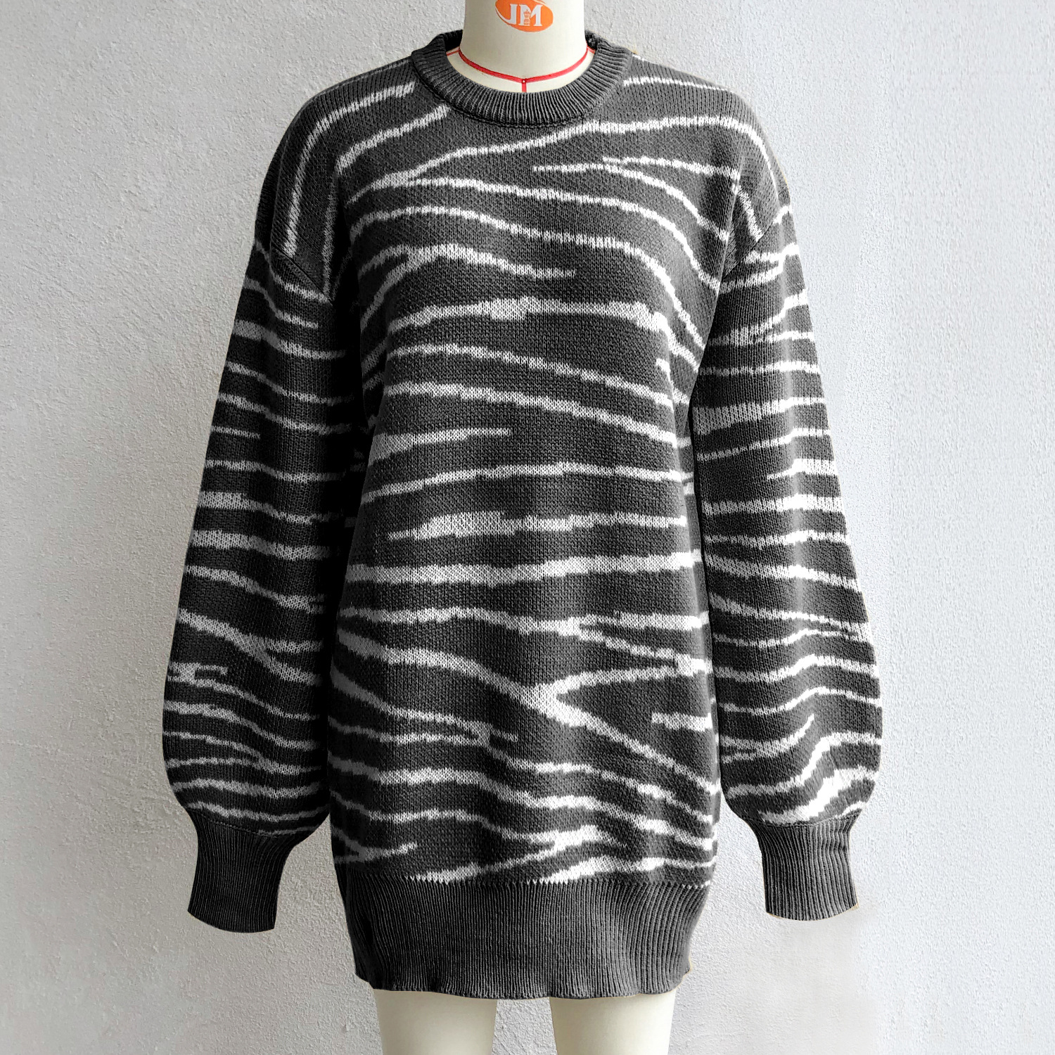 New Autumn And Winter Zebra Pattern Lantern Sleeve Knitted Dress