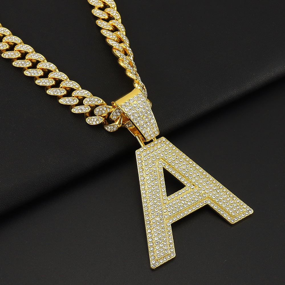 Alloy Material Full Diamond Capital English Letter A Pendant Cuban Link Chain Necklace Men's Cool Hip Hop Style Disco Hip Hop Clavicle Chain