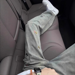 美式高街小狗刺绣牛仔裤男cleanfit设计感裤子直筒微喇宽松阔腿裤