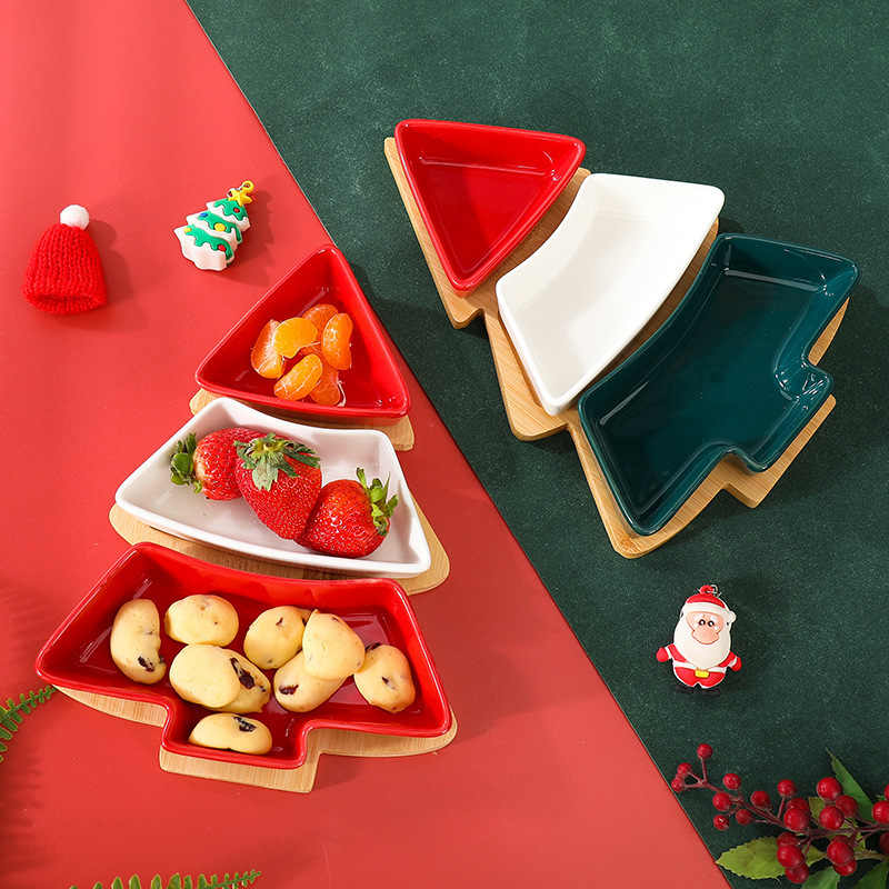 Christmas Tree Ceramic Snack Plate with Wooden Tray Creative Home Living Room Snack Plate Snack Dried Fruit Plate