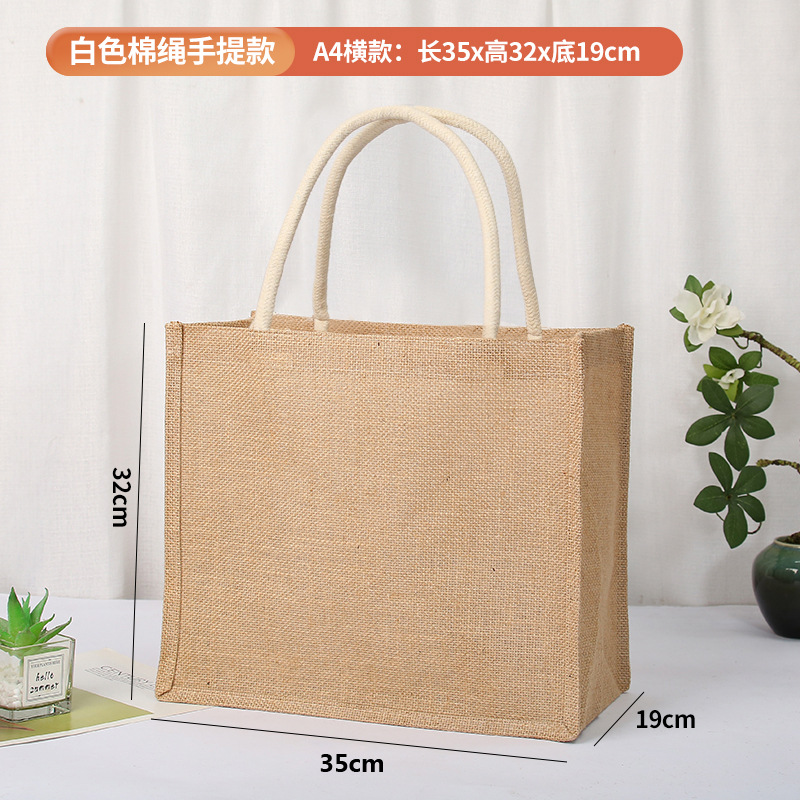 En stock bolsa de lino logotipo imprimible yute bolso de compras Muji en blanco DIY bolso de yute pintado a mano