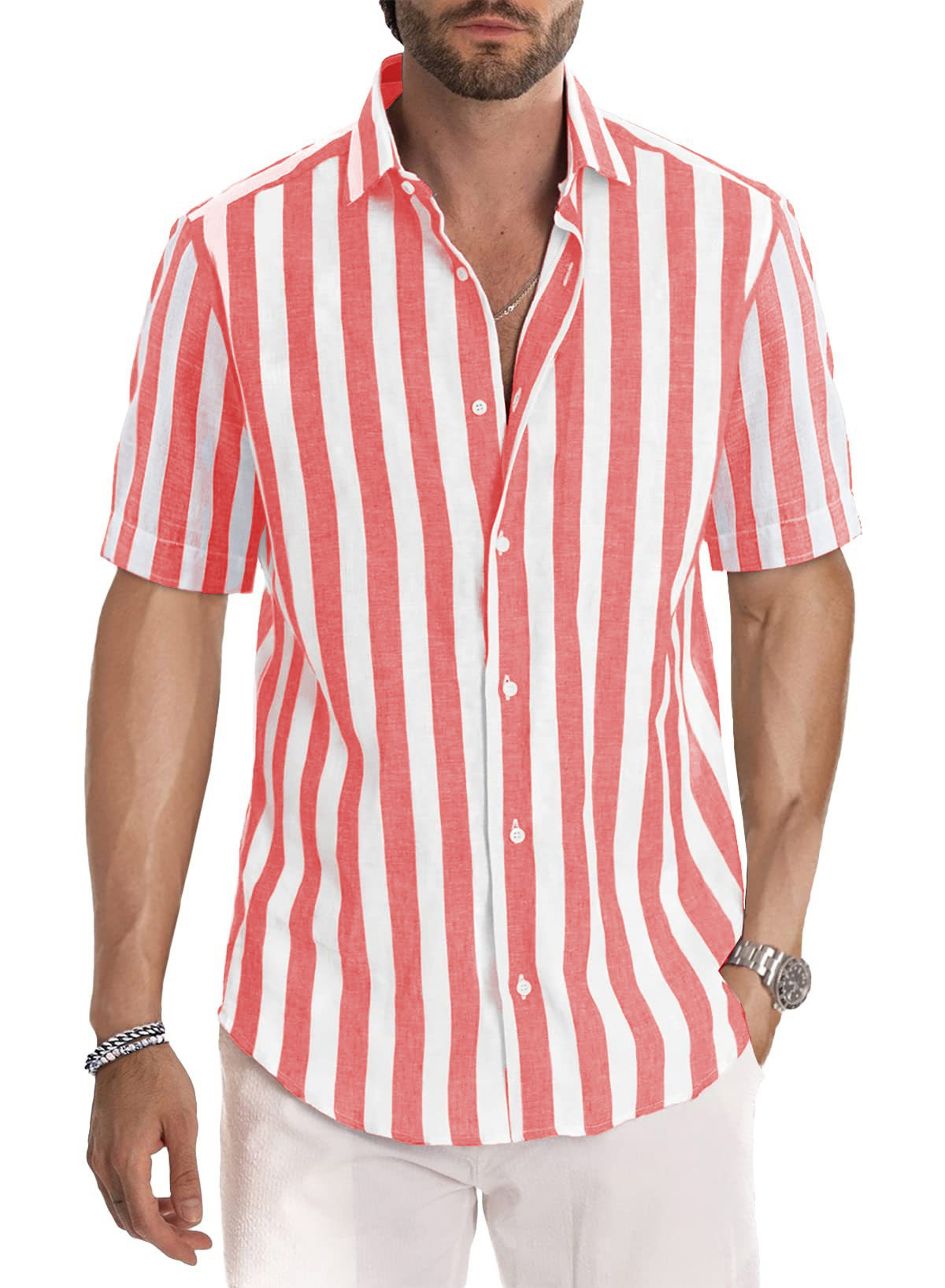 Herren Kurzarm Freizeithemd Im Streifendesign Für Den Sommer_voghion.com