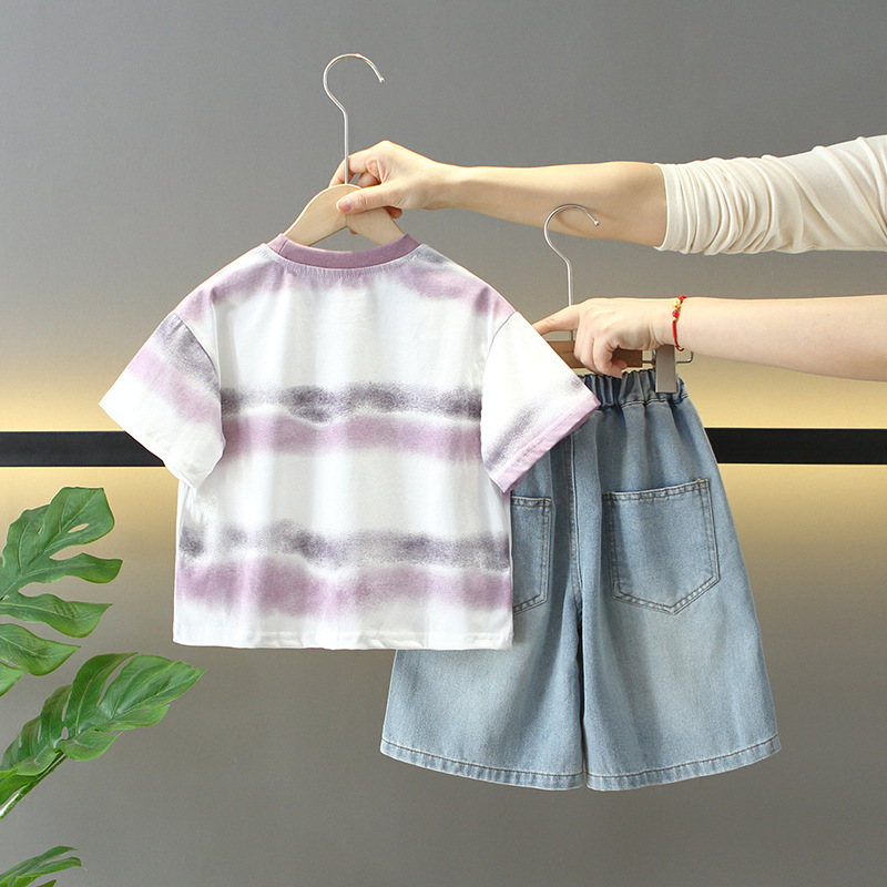 7915 traje de jeans de verano para niños 2025 nueva ropa de moda para bebés ropa para niños de dos piezas de verano