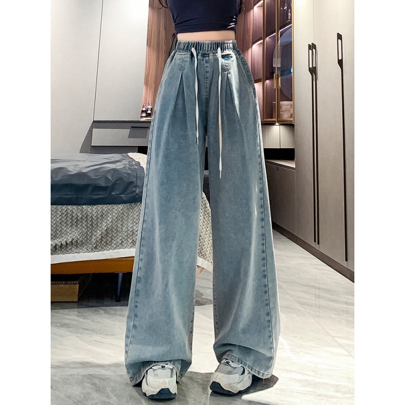 Large size elastic waist drawstring light colored jeans for women's autumn and winter new fat MM high waisted slimming loose floor wide leg pants