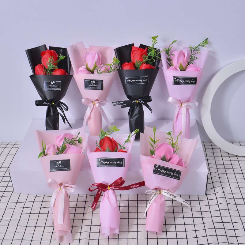 Simulated Rose for Qixi Festival, 3 Pieces, Scented Soap Flower Bouquet, Carnation, Women's Day Gift, Valentine's Day, Teacher's Day