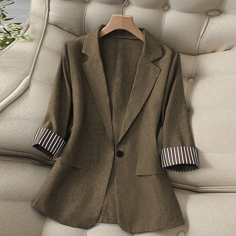 Women's Slim Fit Blazer - Quarter Sleeve Single-Button Jacket With Geometric Pattern (S-Xl) - Autumn Office & Casual Chic In Grey-Blue/Brown_voghion.com