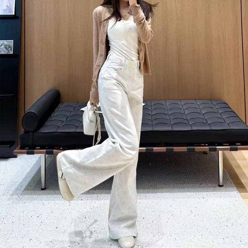 2025早秋新款美式复古提花直筒牛仔裤女高腰宽松阔脚裤休闲拖地裤|undefined