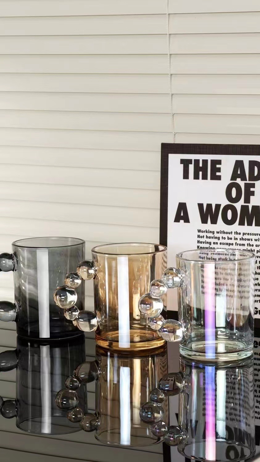 網紅ING風汽泡玻璃杯簡約水杯珍珠把手牛奶杯咖啡杯啤酒杯飲料杯