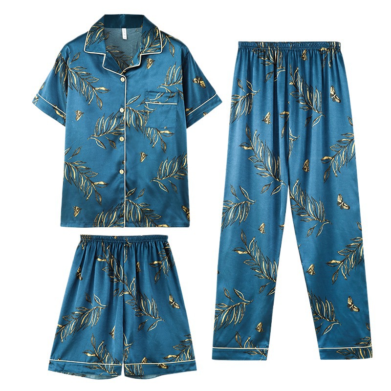 2024 nuevos pijamas de los hombres de verano de seda de hielo manga corta de alto grado de seda real se puede usar fuera de traje de tres piezas