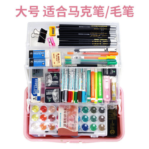 Art toolbox with thick large three-layer storage box foldable art student toolbox paint brush calligraphy storage