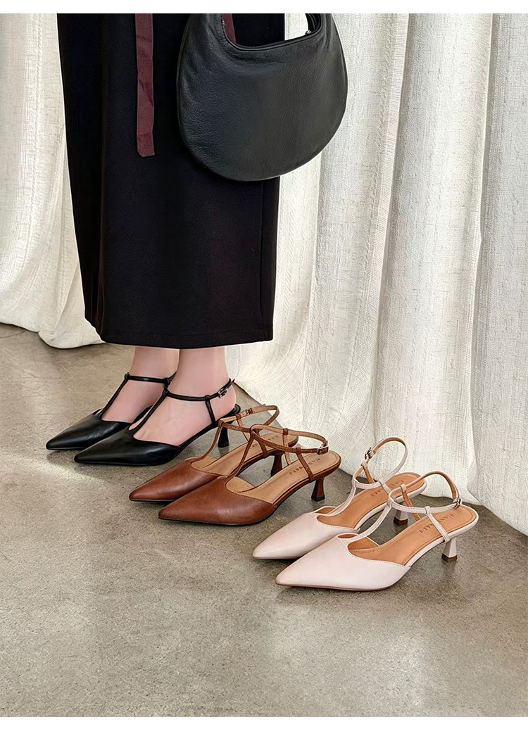 Sandal cao gót nữ mũi nhọn quai chữ T hở gót, da cừu, gót 5 cm — màu nâu chi tiết 27