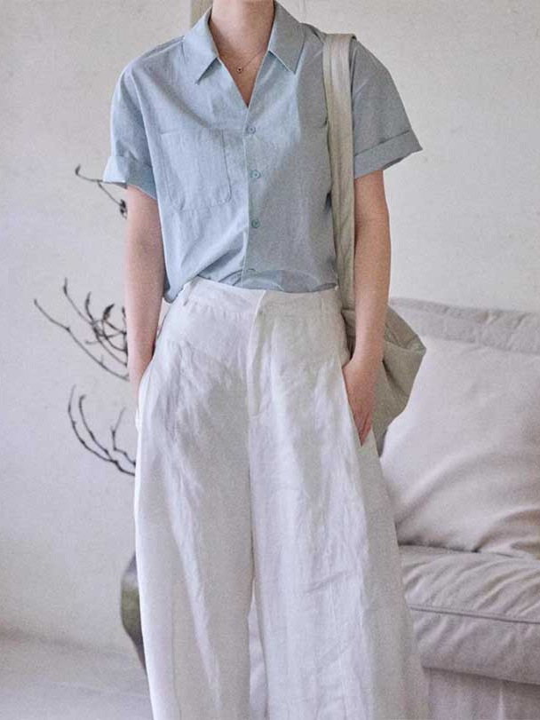 Áo sơ mi ngắn tay nữ cổ V phong cách Pháp chất liệu cotton — Áo xanh