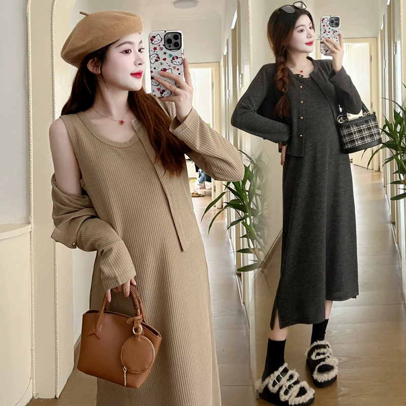 Autumn skirt for pregnant, knitted vest, sleevless dress, cardigan, set, internet celebrity