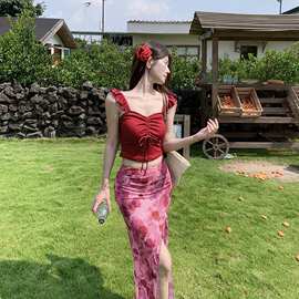 源头工厂2026年新款红色比基尼平角保守微胖mm泳衣女分体遮腿长裙