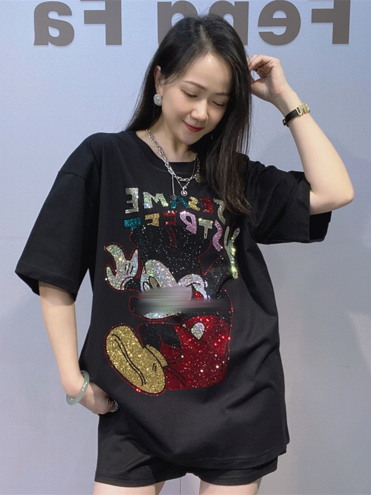 Camiseta de algodón negro de verano pesado de diamante caliente de cuello redondo de manga corta de mujer americana image 1