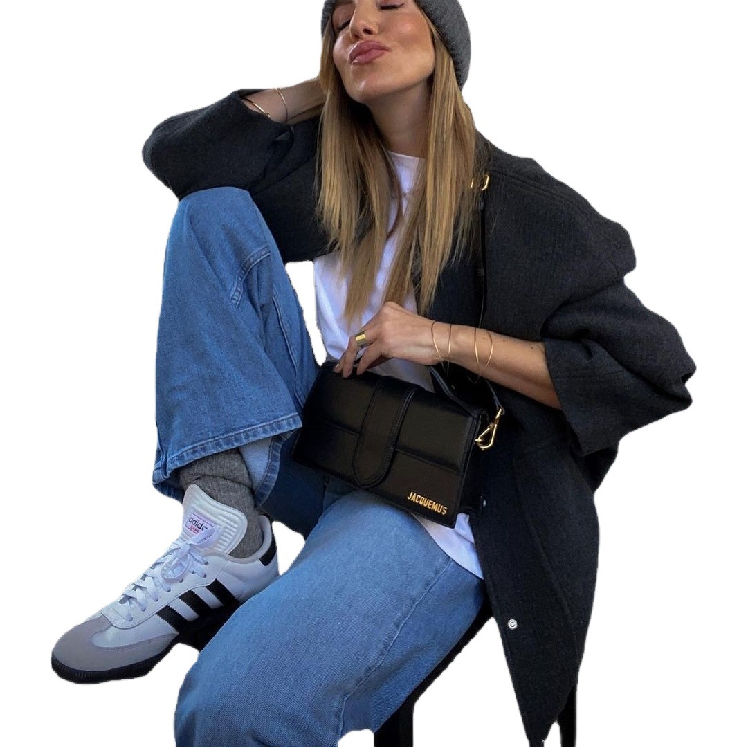 2025 transfronterizo europeo y americano nuevo casual color puro cuello alto de un solo pecho pantalones con bolsillo con solapa grande chaqueta de manga larga suelta y cómoda image 1