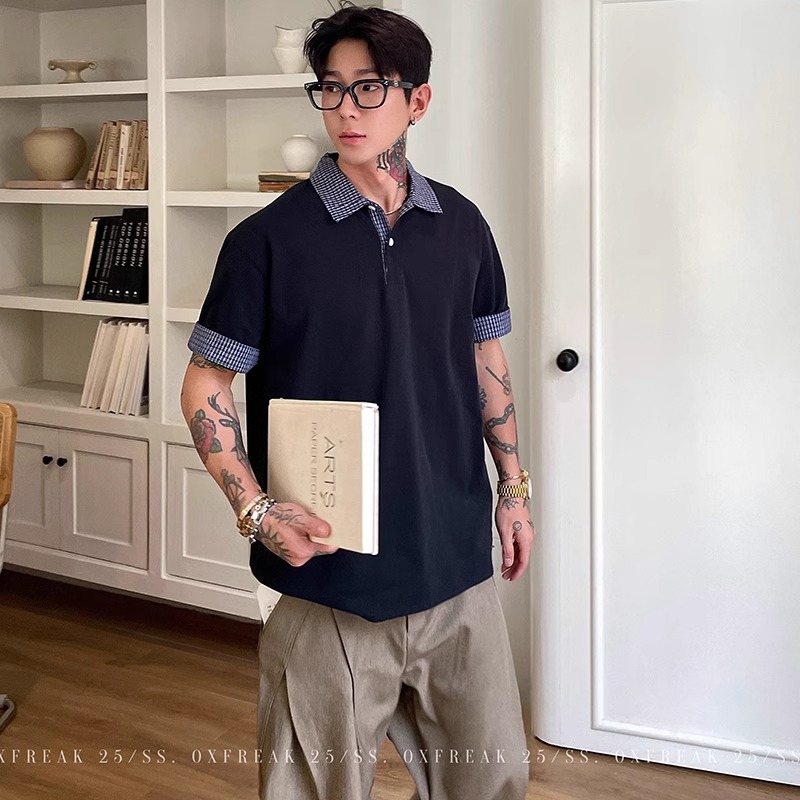 Unique Color-Block Blue Plaid Faux Two-Piece Short-Sleeve Polo Shirt for Men, New Summer Loose Fit with Dropped Shoulders and Turn-Down Collar