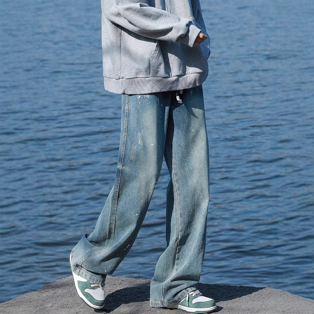 American Style Splash Ink Jeans Men's Autumn Vintage Washed Trendy Brand Wide-leg Pants High Street plus size All-match Casual Long Pants