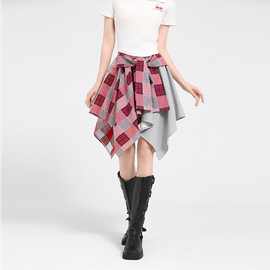 2025松紧格子不规则新款半身裙裙子衬衫绑带设计运动街舞短裙