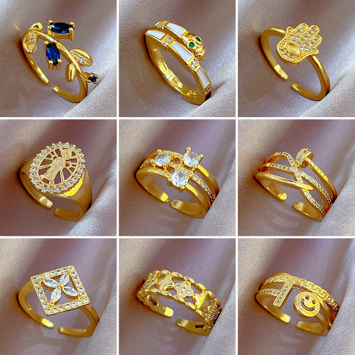 [Real gold plating] Temperament and high-end zircon super flash ring for women with adjustable opening and simple internet celebrity ins