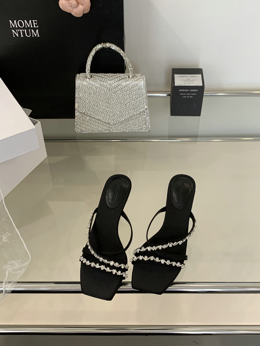 Elegant Rhinestone Satin Sandals With Square Diamond Chain Heel_voghion.com