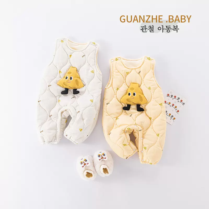 婴儿秋冬背带裤夹棉加绒背心超萌卡通连体衣冬季外出马甲爬爬服