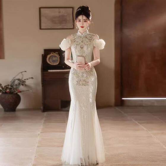 High-end Light Luxury Evening Dress 2025 New Niche Heavy Industry Banquet Performance Suit Senior Host Fishtail dress