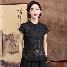 新中式真丝香云纱上衣女2026新款夏高端龟裂纹短袖国风桑蚕丝衬衣