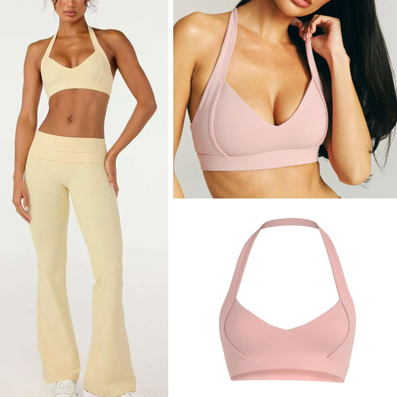 Transfronterizo desnudo cuello colgante yoga de tres piezas conjunto de forma correr fitness con cojín de pecho bra pantalonés bra