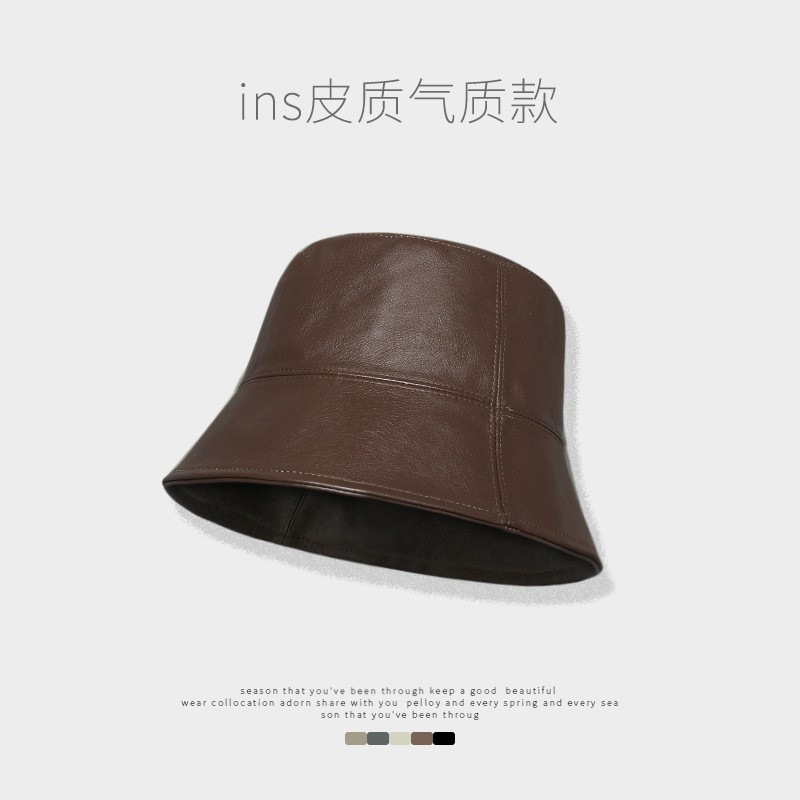 Nicho diseñador pescador sombrero mujer PU cuero casual negro cubo sombrero Otoño e Invierno sombrero de cuero cara pequeña cuenca sombrero Masculino