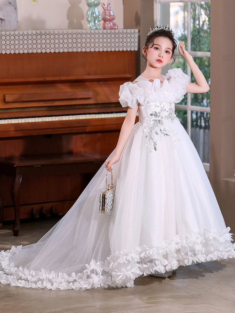 Vestido transfronterizo de estilo europeo y americano, vestido de princesa bordado largo de cola para niñas, traje de piano, pasarela, estilo de lujo ligero de alta gama