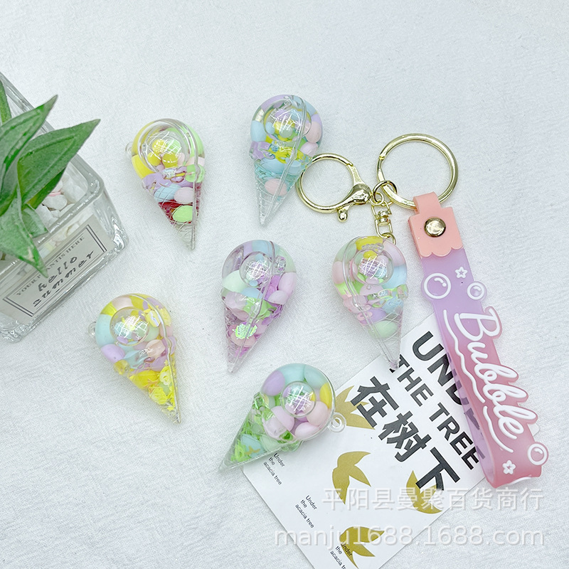 Botella de arena flotante de aceite acrílico creativo llavero de automóvil colgante botella flotante de helado de dibujos animados regalos al por mayor