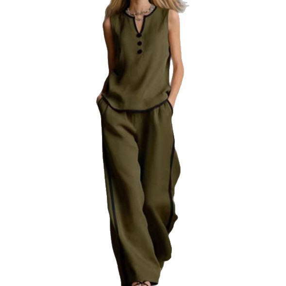 Spring/Summer Women's Sleeveless V Neck Color Block Trim Simple Elegant Comfortable Style Set Black_ecoleips.com