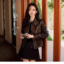 外贸原单春秋新款 女士诗F 美拉德可可皮衣 翻领长袖短款夹克外套