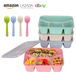 Amazon Wheat Straw Meal Four-compartment Lunch Box Lunch Box Student Office Student Canteen Outdoor Portable Fresh-keeping Box
