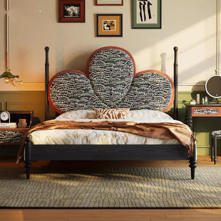 French Retro Bedroom Double Bed Dressing Table Telescopic Integrated Cabinet Combination Antique High Back Bed Set of Furniture