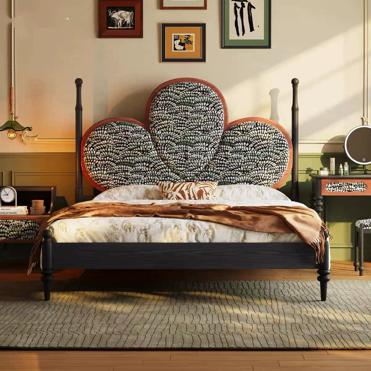 Французский ретро спальня двуспальная кровать туалетный столик телескопический встроенный шкаф комбинированный старинный стиль высокая спина кровать полный набор мебели